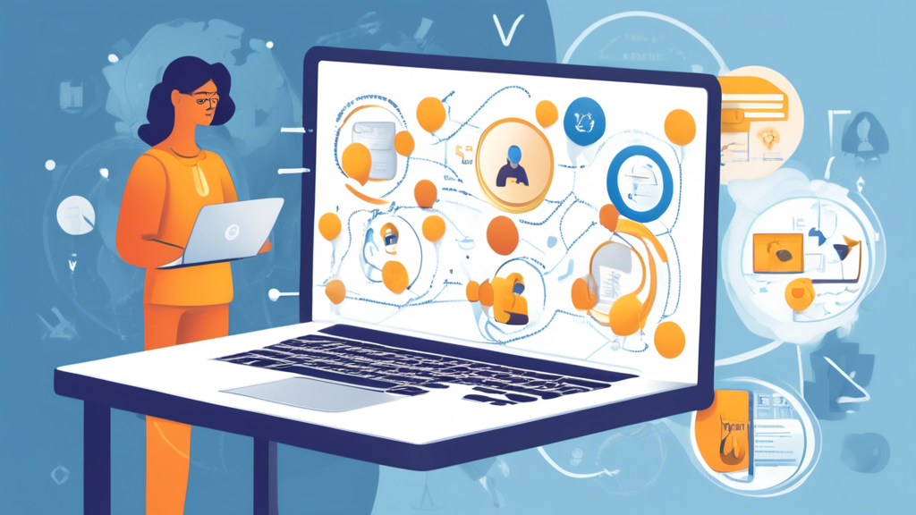 Create an illustration that depicts a person using a laptop to search for reliable DOT exam locations. The screen should display an online directory with a list of options, showing various factors like certification badges, customer reviews, and distances. Surround the person with icons representing verification check marks, search tools, and location pins on a map to highlight the search and selection process. Make the ambiance bright and professional, focusing on the ease and reliability of finding DOT exam providers.