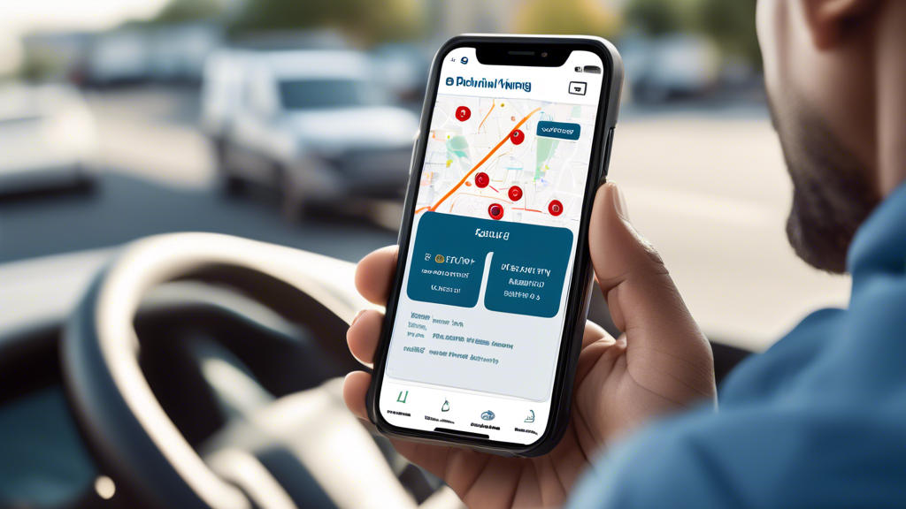Create an image of a professional truck driver scheduling a DOT exam at a nearby clinic using a smartphone app. The scene should show a user-friendly interface on the phone screen with a map highlighting nearby exam locations. The clinic should have clear signage indicating DOT exams, and the driver should appear relaxed and prepared. Include elements of day-to-day truck driving life, like a well-maintained semi-truck in the background, to emphasize the convenience of nearby locations and easy scheduling.