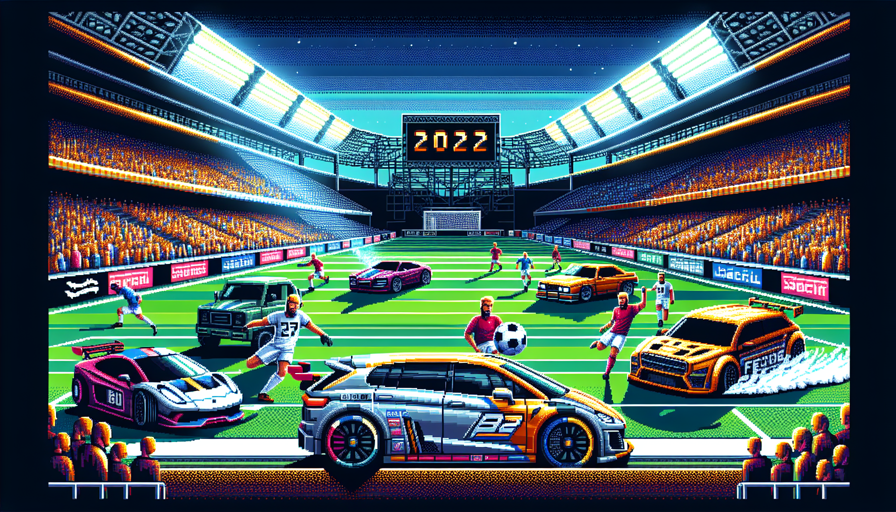 Create an image showcasing the top teams and players from the Rocket League World Championship 2022. Highlight standout teams in dynamic in-game action shots within the arena, focusing on their journey to the championship. Emphasize star players with close-up portraits during key moments and celebrations, capturing their skills and emotions. Include key visual elements such as the tournament stage, crowd, and iconic Rocket League cars. Use the title Rocket League World Championship 2022 in the background with vibrant graphics and team logos to enhance the competitive atmosphere.