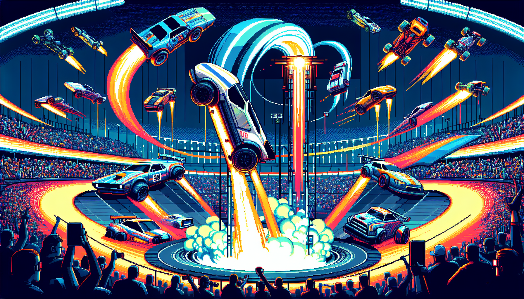 Create an image capturing the thrilling and unforgettable moments of the Rocket League World Championship 2022. Showcase intense battle scenes with cars mid-air, executing spectacular plays and game-changing strategies. Highlight emotional celebrations of players and fans reacting to upsets, comebacks, and unexpected outcomes. Include visual elements that emphasize records broken and new milestones achieved in the tournament. The setting should reflect the vibrant, high-energy atmosphere of the championship arena, with dynamic lighting and an electrifying crowd. Keywords: rocket league world championship 2022, thrilling plays, game-changing moments, records broken, upsets and comebacks, celebration, arena atmosphere.