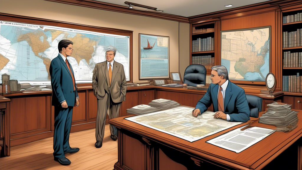 Detailed illustration of a client meeting with a yacht accident attorney in a professional office setting, showcasing a wall filled with maritime law certifications and awards, a large map of local maritime routes, and a bookshelf stocked with legal texts on maritime law. The attorney is discussing a document with the client that highlights their extensive experience and successful track record in yacht accident cases.