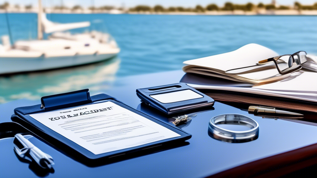 An organized desk with various legal documents, maritime law books, and a yacht accident case file spread out. A digital tablet displays a list titled 