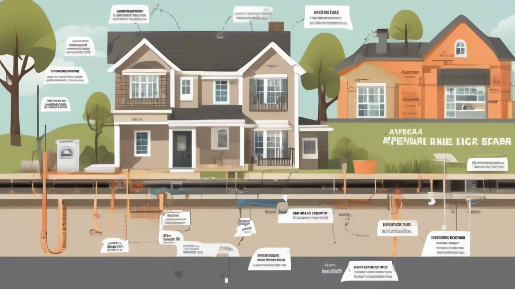 Create an image that visually represents the average sewer line repair cost. The image should feature a detailed breakdown of costs, including national averages, and a comparison between partial repairs and full replacements. Incorporate elements like inspection fees, permits, labor, and materials costs. The background should depict a suburban neighborhood setting, with a cutaway view of a house and its sewer line system for context. Add clear, legible labels and cost figures to enhance understanding.