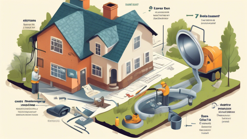 A detailed illustration showing various strategies to manage and reduce sewer line repair costs. The image highlights early detection techniques using a pipe inspection camera, a clipboard with multiple contractor quotes, and a section depicting financial options like insurance coverage and tax deductions, along with a dollar sign symbolizing cost savings. The scene should be set in a residential neighborhood with a focus on a house and its sewer line system.