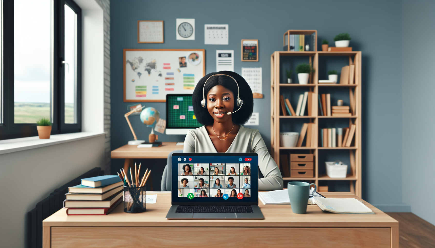 Create an image depicting a person engaging in remote teaching and tutoring from home. The room should be a cozy, well-lit home office with a computer or laptop set up on a desk. The person should appear professional and focused, wearing a headset and speaking to students through a video conferencing app. On the computer screen, show a virtual classroom with students