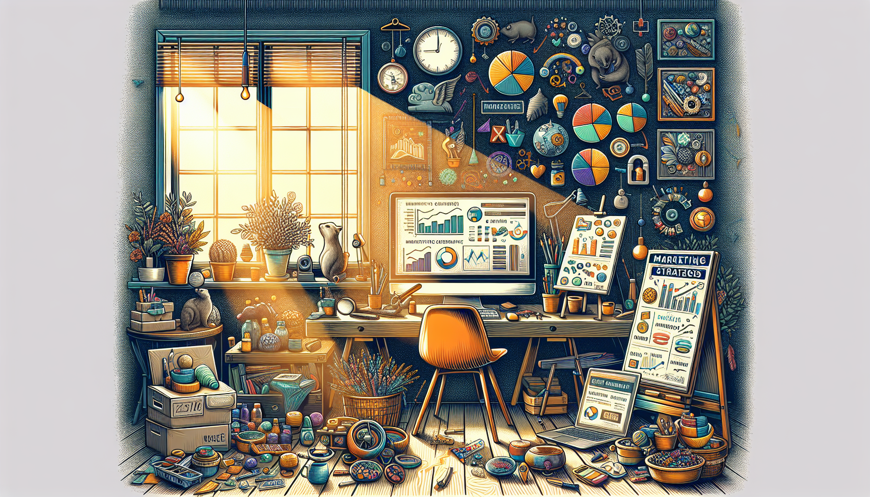 Create an intricate illustration showing a vibrant workspace filled with various items: a computer with an open Shopify dashboard, handmade crafts like jewelry and pottery, shipping boxes, and a whiteboard with 