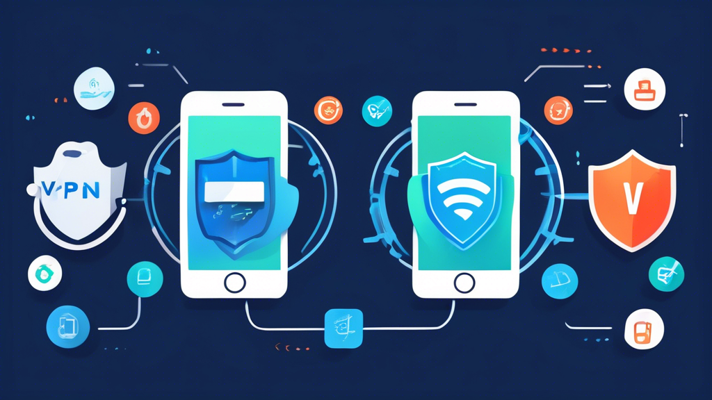 Create an illustration that contrasts the pros and cons of using free VPNs on iPhones. The left side of the image should depict the benefits, such as cost savings and easy installation, with visual elements like a happy iPhone user, icons for savings, and a shield symbol for basic security. The right side should highlight the downsides, including data limits, slow speeds, and security concerns, with imagery like frustrated users, warning icons, and a cracked shield. In the center, show the iPhone with a VPN app interface that bridges both sides, symbolizing the connection between these contrasting points.