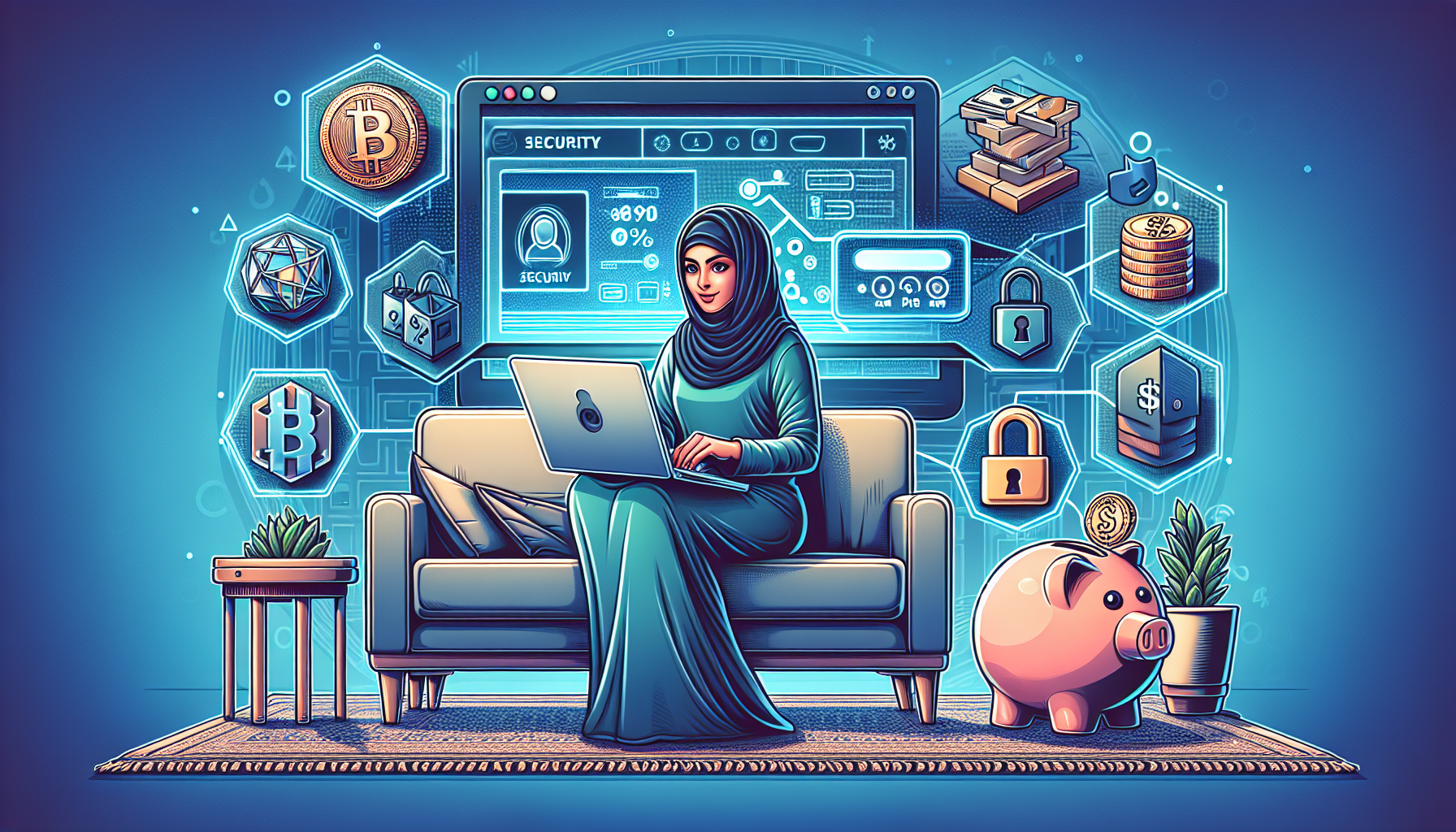 Create an image that shows a person purchasing cryptocurrency online from the comfort of their home. The person is using a laptop that displays a secure crypto exchange platform interface. Surrounding the laptop are icons representing security features like two-factor authentication, encrypted connections, and a secure wallet. Additionally, include visual elements that highlight minimized fees and maximized value, such as a percentage symbol and a piggy bank symbol. The overall setting should appear modern and technologically advanced but comfortable and safe.