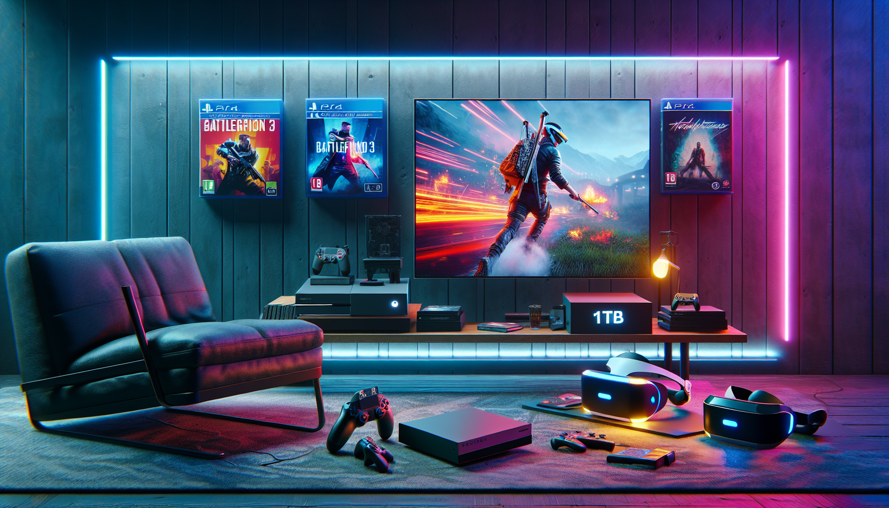 Create an image of a PlayStation 4 1TB console setup in a modern living room, featuring high-quality graphics displayed on a large screen TV. The scene should showcase an immersive gaming experience with VR headset, controllers, and top game titles like 