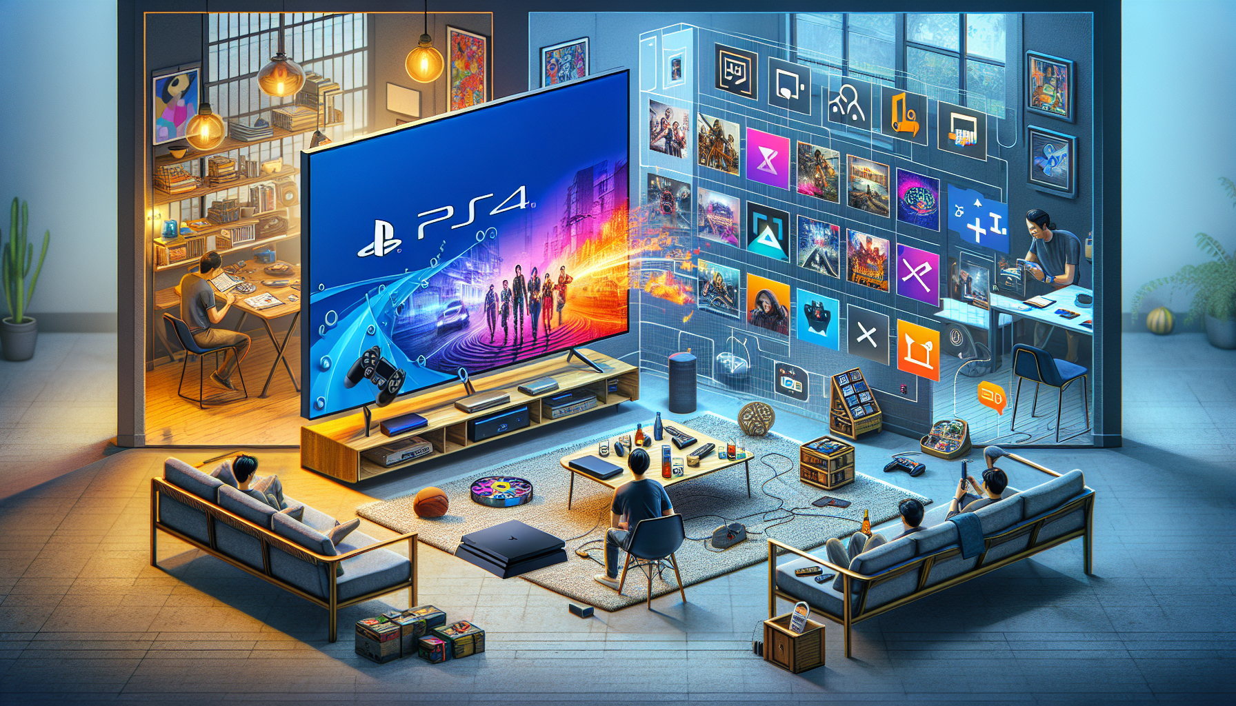 Create an image that showcases the versatility of the PlayStation 4 1TB console beyond just gaming. Imagine a living room setting where the PlayStation 4 1TB is prominently displayed. The TV connected to it showcases various multimedia capabilities: streaming a popular show, playing a Blu-ray movie, using different apps, and engaging in online multiplayer gaming. Additionally, depict a user browsing through the PlayStation Network, highlighting the wide array of apps and content available. The overall atmosphere should be inviting, demonstrating the value and multifaceted use of the PlayStation 4 1TB for different types of users, from casual to hardcore gamers.