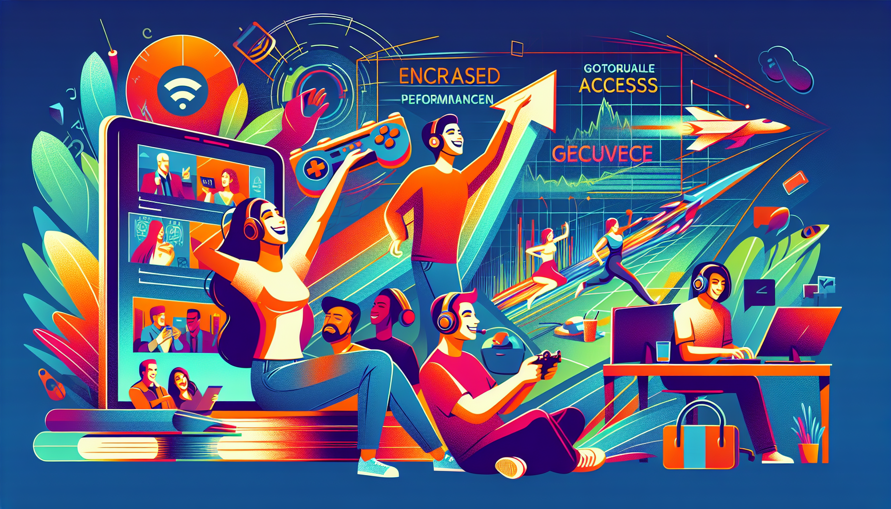 Create an image showing people enjoying various digital activities thanks to AeroShield Smart DNS, such as watching geo-restricted streaming services, playing online games with improved performance, and professionals using business applications securely. The scene should convey a sense of enhanced digital experience and accessibility in everyday life.