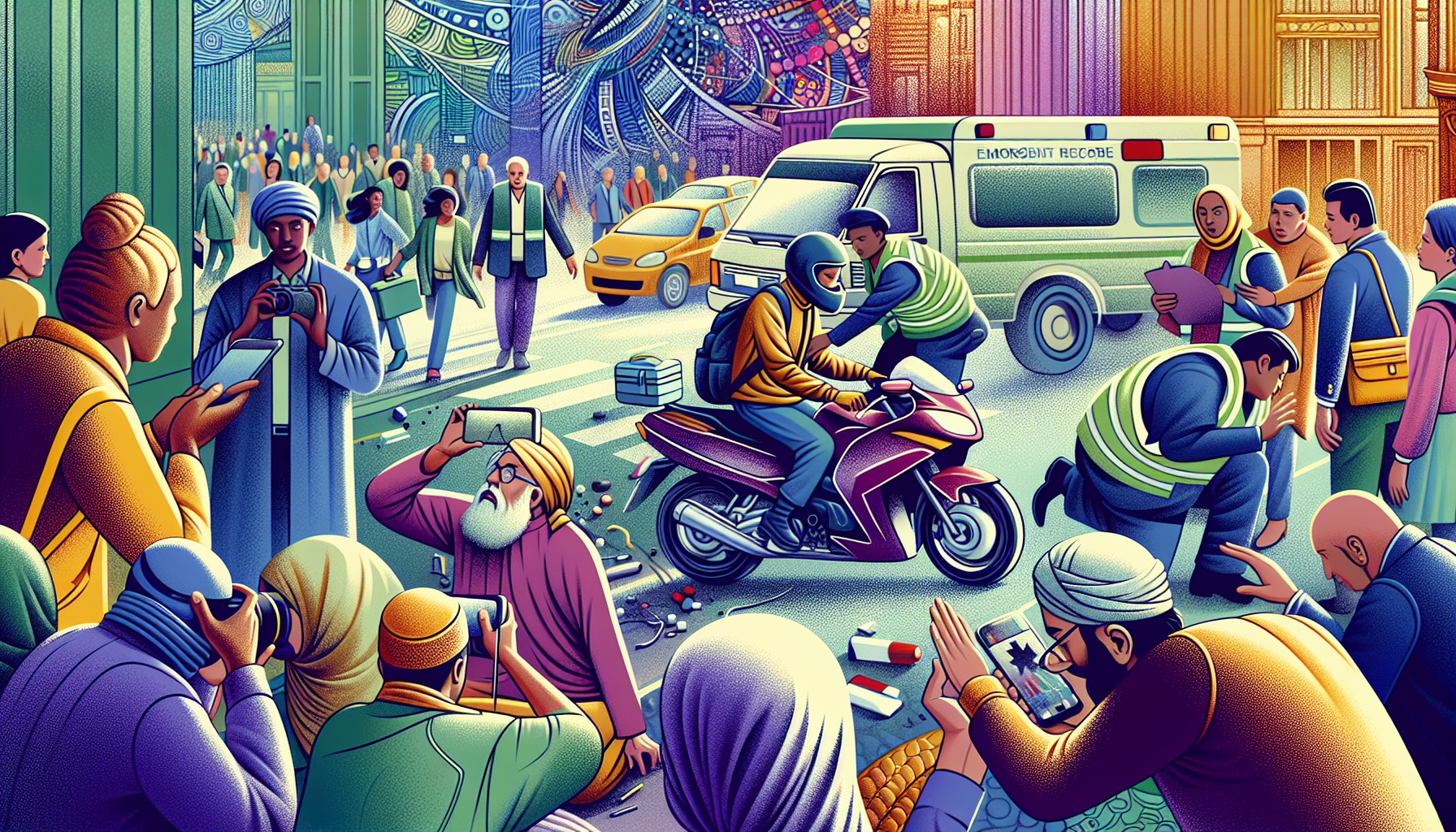An emergency responder and a motorcyclist immediately after a road accident, capturing the motorcyclist receiving first aid while a bystander takes photographs of the scene and another collects contact information from witnesses, in a busy urban setting.