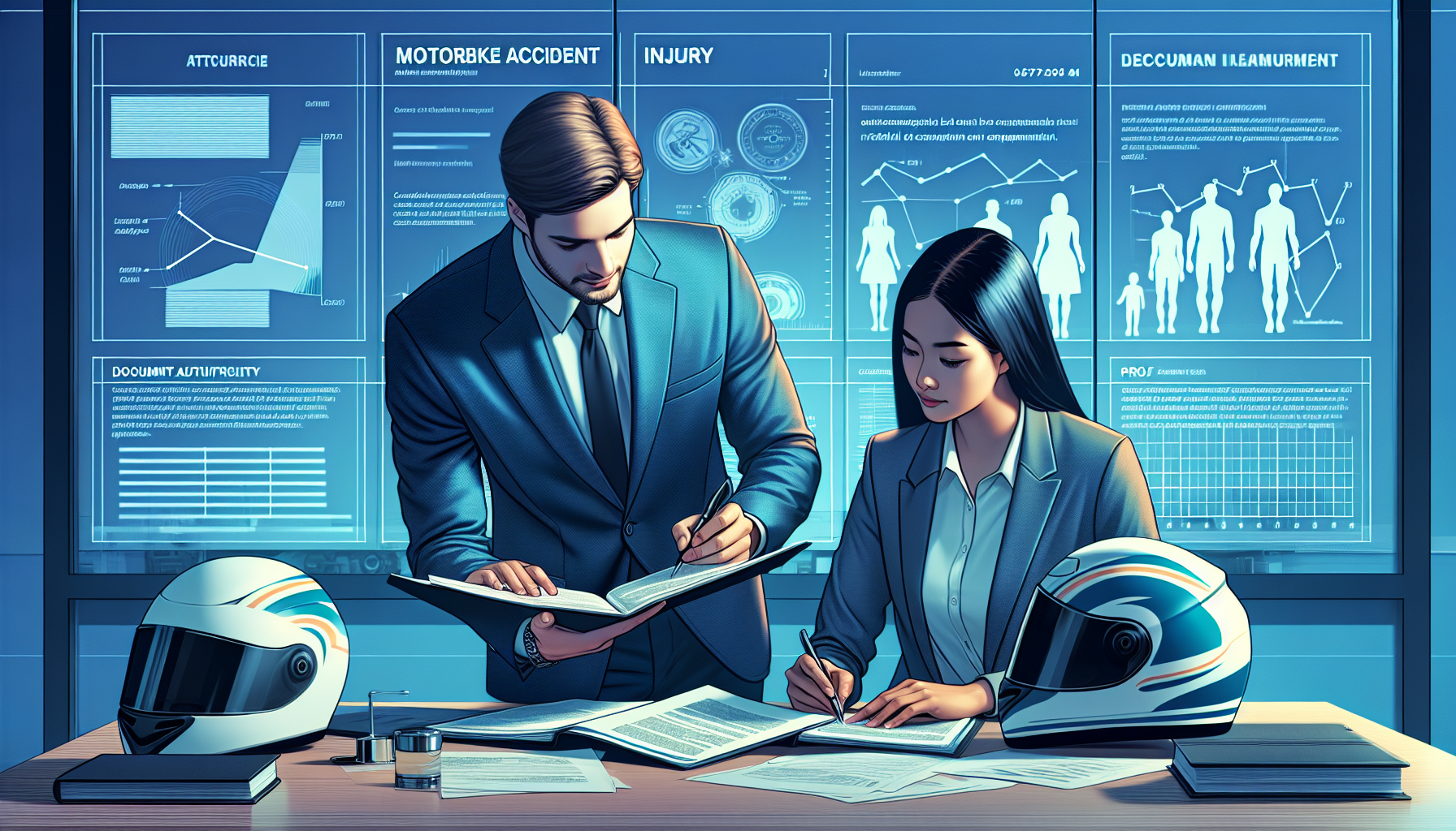 An organized office setting with a professional personal injury attorney and a client, both reviewing a detailed motorbike accident injury claim form filled with essential documents and evidence on the desk. The attorney is pointing at key sections of the paperwork while explaining, with visible charts showing motorbike injury statistics on a board behind them, emphasizing the importance of document validation for successful compensation.