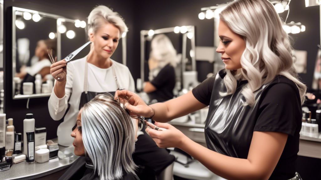 Create an image of a cozy, well-lit salon scene where a professional hair stylist is giving detailed instructions to a customer on how to perfectly apply aluminum foil for hair highlights. The stylist is demonstrating techniques, pointing out common pitfalls, and sharing expert tips. The background includes an organized workstation with various hair care products and tools neatly arranged. The customer looks attentive and engaged, holding a piece of foil and highlighting comb. The atmosphere is warm and inviting, with a focus on education and meticulous care.