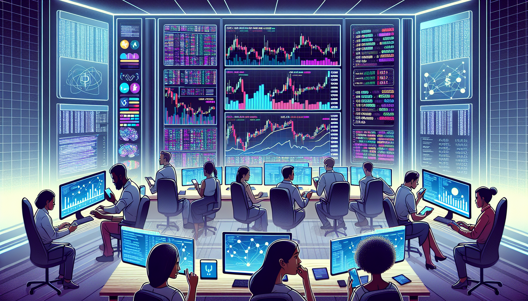 Create a DALL-E image of a bustling, high-tech control room filled with large monitors displaying live cryptocurrency prices from leading platforms like Binance, Coinbase, and Kraken. Show traders and analysts actively engaging with the data on screens, some using specialized apps like CoinMarketCap and CoinGecko on their tablets and smartphones. Include an additional monitor showing API coding as a backdrop to indicate customized tracking solutions. The atmosphere should be dynamic, with digital securities and cryptocurrency symbols prominently featured.