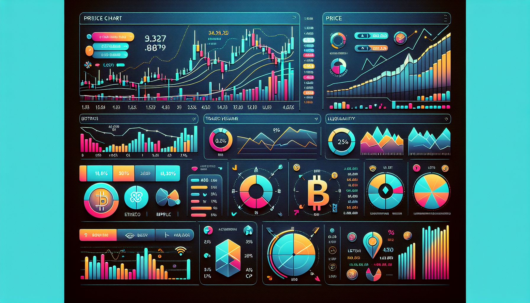 Create an image that shows a graphic user interface (GUI) of a modern digital dashboard with various cryptocurrency price charts and graphs. The main screen should display a large interactive candlestick chart for Bitcoin, featuring indicators like RSI and MACD. Surrounding the main chart, include smaller widgets with live price updates for other cryptocurrencies like Ethereum, Ripple, and Litecoin. Incorporate key market indicators such as trading volume, market cap, and liquidity in the side panels. The setting should be professional yet sleek, demonstrating how real-time data is being analyzed to inform active trading strategies. Include elements like trending up and down arrows, percentage changes, and tooltips explaining the metrics.