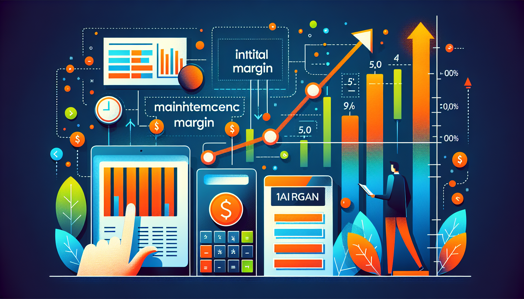 Create an image that visually explains the margin requirements in Tastyworks, including elements like initial margin, maintenance margin, and a calculator or chart showing how Tastyworks calculates these requirements. Use a professional and clean design, suitable for a financial article.