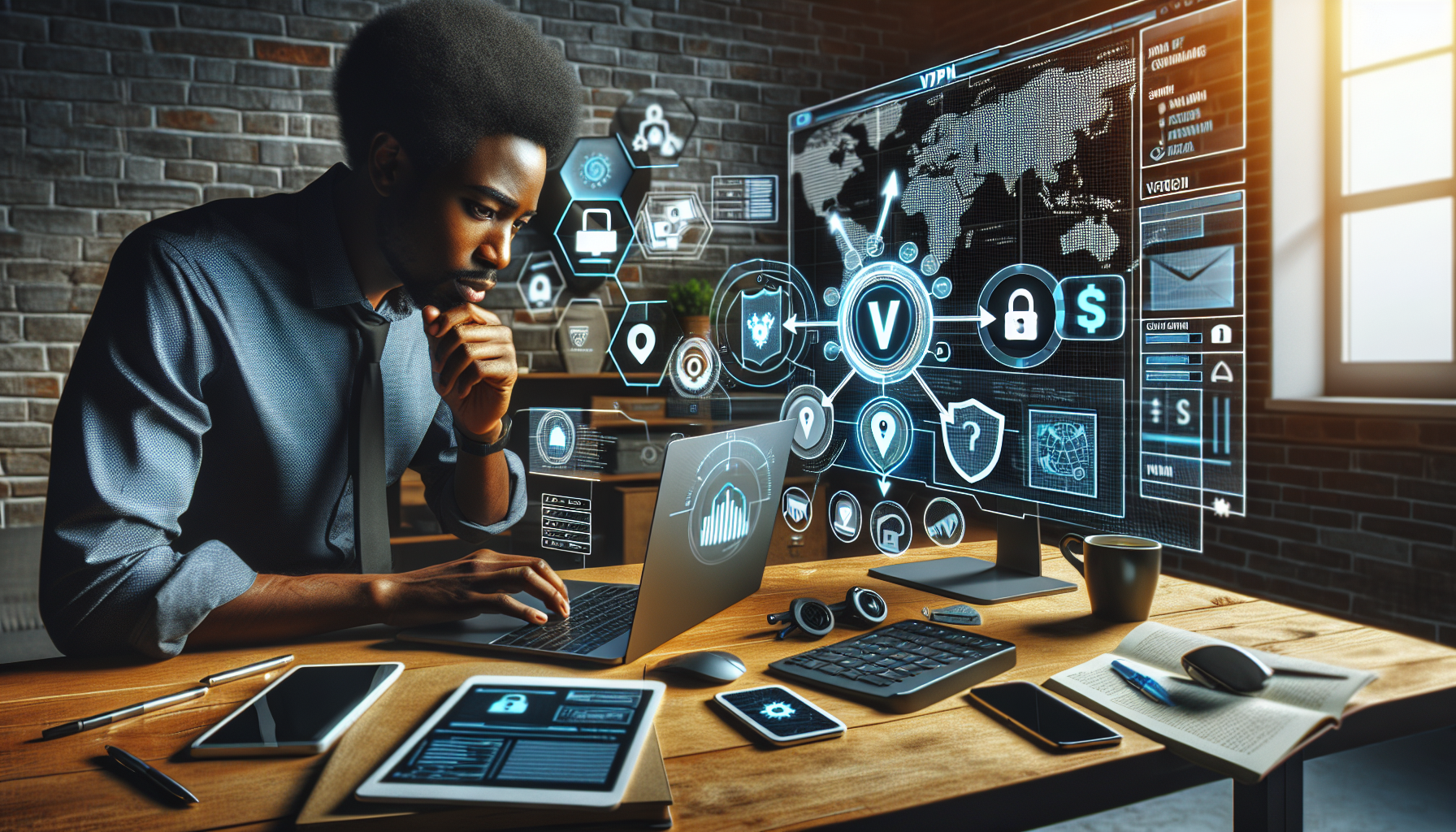 A DALL-E prompt for the third point of the outline:

Create an image showing a person setting up a VPN on multiple devices (laptop, smartphone, and tablet) in a modern home office environment. The scene includes step-by-step instructions displayed on the laptop screen, emphasizing the process of configuration. There should be visual elements that represent security and privacy, such as padlocks, shield icons, and encrypted data symbols. The overall atmosphere should be user-friendly and tech-savvy.