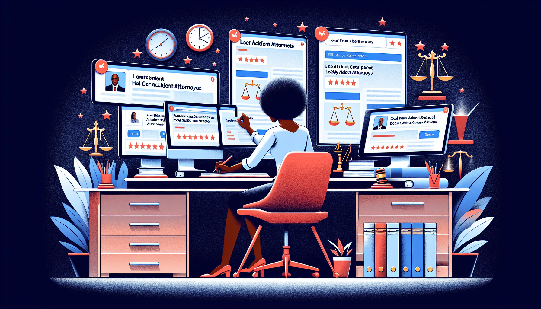 DALL-E prompt: Create an image of a person sitting at a desk with multiple computer screens displaying web pages of online directories and maps. On one of the screens, there is a prominent display of star ratings and client testimonials. The person is taking notes from the information shown, actively engaged in researching to find the best local car accident lawyers. Include visible symbols of legal scales and gavels on the desk items, emphasizing the legal research context.