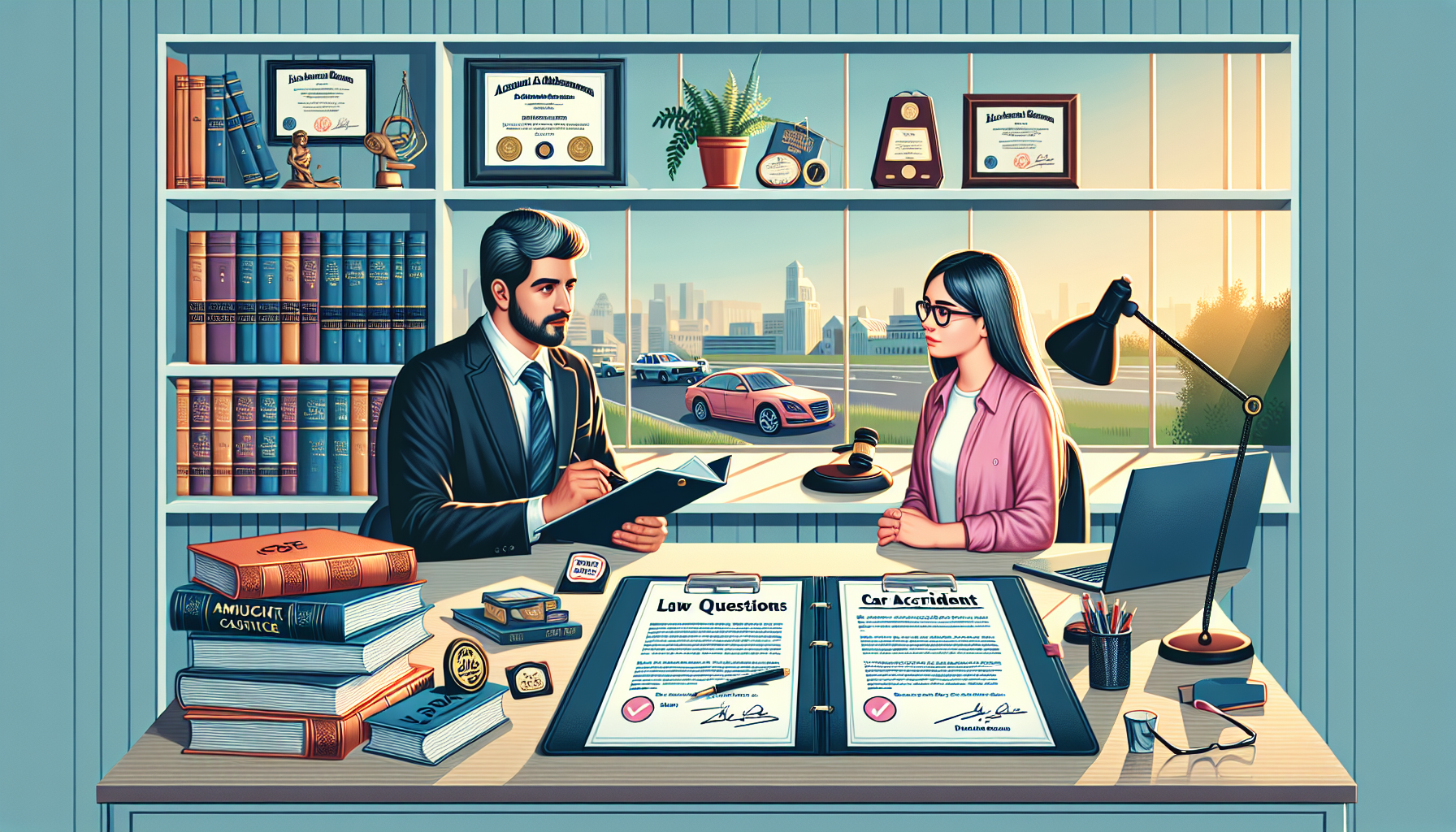 Create an image depicting a professional and thoughtful scene in a law office where an individual is evaluating and choosing the right car accident lawyer. The room should include a desk with legal documents spread out, including some related to car accidents. On the desk, feature a list of key questions and a breakdown of fee structures highlighted. The lawyer and the client are engaged in a serious conversation, emphasizing the client noting down important points and asking questions. The environment should convey trustworthiness and expertise, with diplomas and legal books displayed in the background. Outside the window, a serene cityscape is visible, symbolizing the location