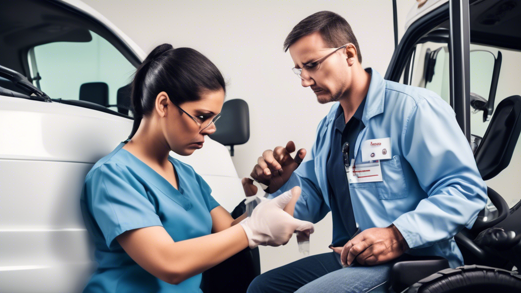 Create an image depicting a commercial driver undergoing a thorough CDL DOT Physical Examination. The setting should be a medical examination room with various medical devices. The doctor should be performing vision and hearing tests, checking blood pressure, and discussing health management strategies with the driver. Include elements like drug and alcohol testing kits, medical documentation, and certification stamps to emphasize the comprehensive nature of the exam.