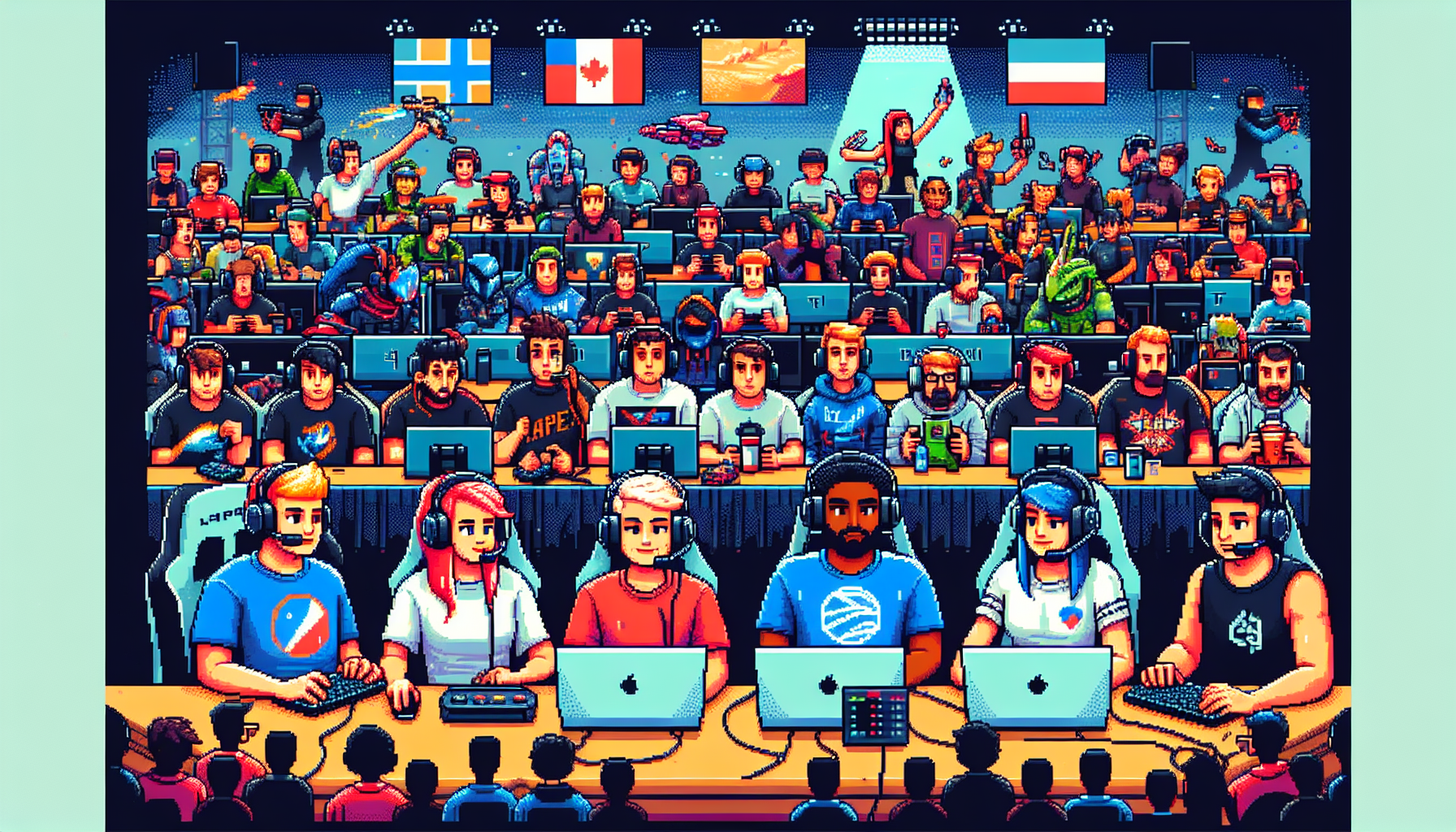 Create an image of a vibrant live gaming tournament with gamers intensely focused on their screens, showcasing various popular game genres like FPS, MOBA, and fighting games. Include teams and single-player setups, a commentator table, a cheering crowd, and colorful game-specific decorations. Highlight the tournament atmosphere with visible rules and schedules posted, and friendly community interactions. Add some banners with text like Gaming Tournaments Near Me to emphasize the local event theme.