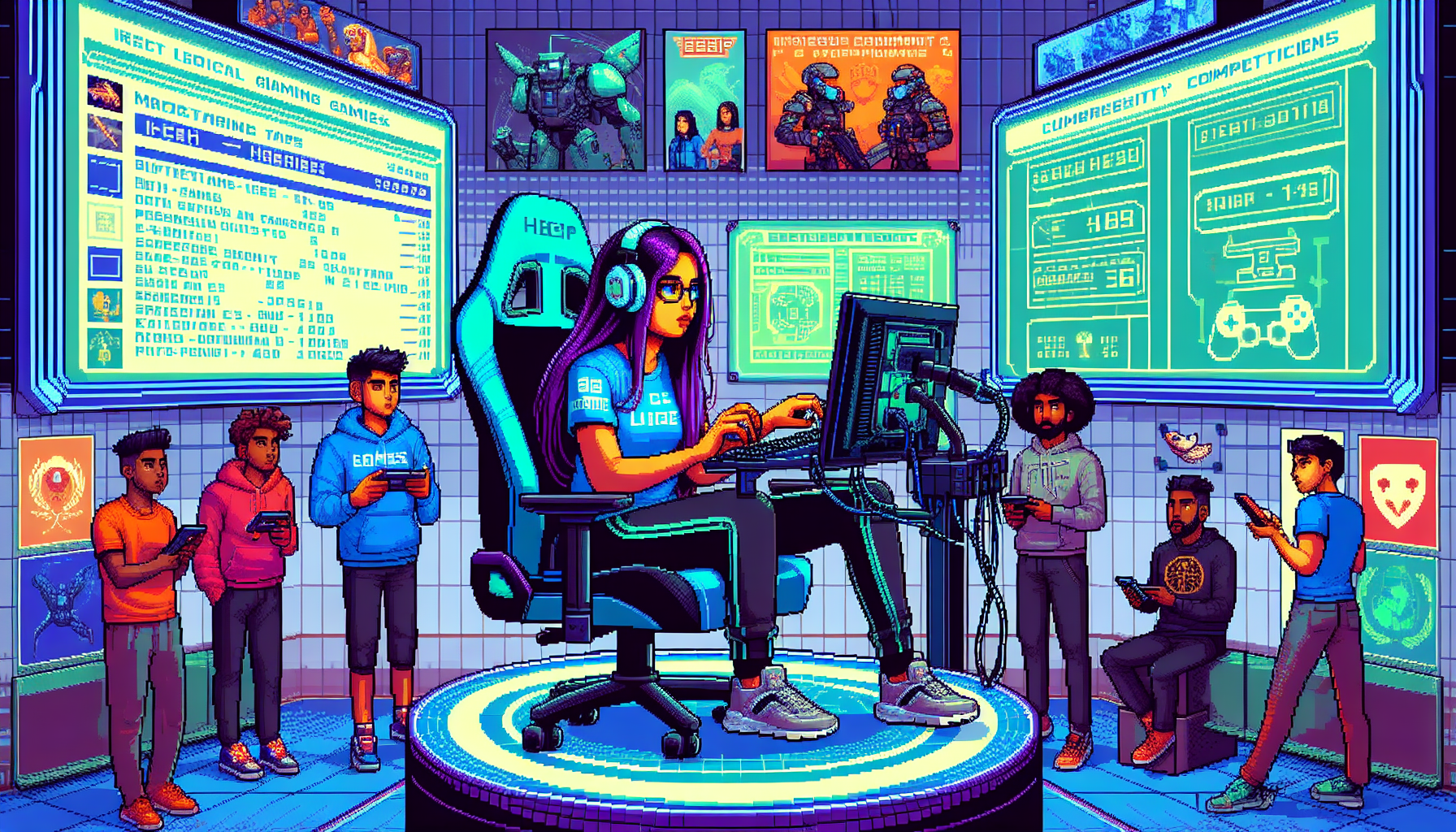 Create an image of a young gamer in an immersive, futuristic setting, actively preparing for a local gaming tournament. The scene should include a high-tech environment with multiple screens displaying gaming stats, a checklist of essential gear on a digital board, and the gamer practicing in a gaming chair with a headset. Surrounding the gamer are posters of popular games and a calendar marked with tournament dates. A few fellow gamers can be seen nearby, discussing strategies and forming teams, emphasizing the sense of community and collaboration.