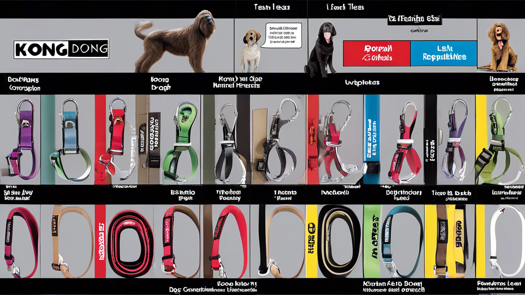 Create an image of various Kong dog leashes lined up side by side, each uniquely detailed to showcase different key factors in their selection. Illustrate differences in size, material, and special features like comfort grips and traffic handles. Include representations of different dogs, varying in size and strength, at the end of each leash to emphasize compatibility. Add subtle annotations or icons to highlight user reviews and ratings for each leash type. Background should be a clean, neutral color to draw focus to the leashes and dogs.