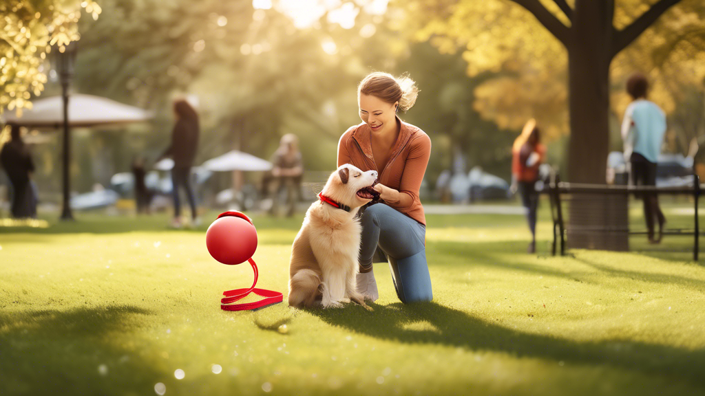 Create an image depicting a happy dog owner in a park, demonstrating how to properly use a Kong leash while leash training their energetic dog. The scene should show the owner holding a Kong leash with a padded handle, making gentle corrections, and rewarding the dog. Include additional elements that emphasize leash maintenance, such as a small cleaning kit and a spare Kong leash hanging neatly on a nearby tree branch. The environment should look safe and enjoyable, with green lawns, clear pathways, and other pet owners with their dogs in the background.