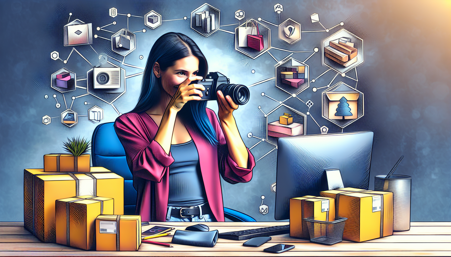 Create an image of a young entrepreneur sitting at a desk with a computer, surrounded by packages and items ready to be sold. The background features logos of popular online marketplaces like eBay, Etsy, and Amazon displayed prominently on posters or screens. The entrepreneur is holding a camera, taking a picture of an item to list online. The scene should capture the dynamic and bustling atmosphere of someone leveraging online marketplaces to make money on the side.