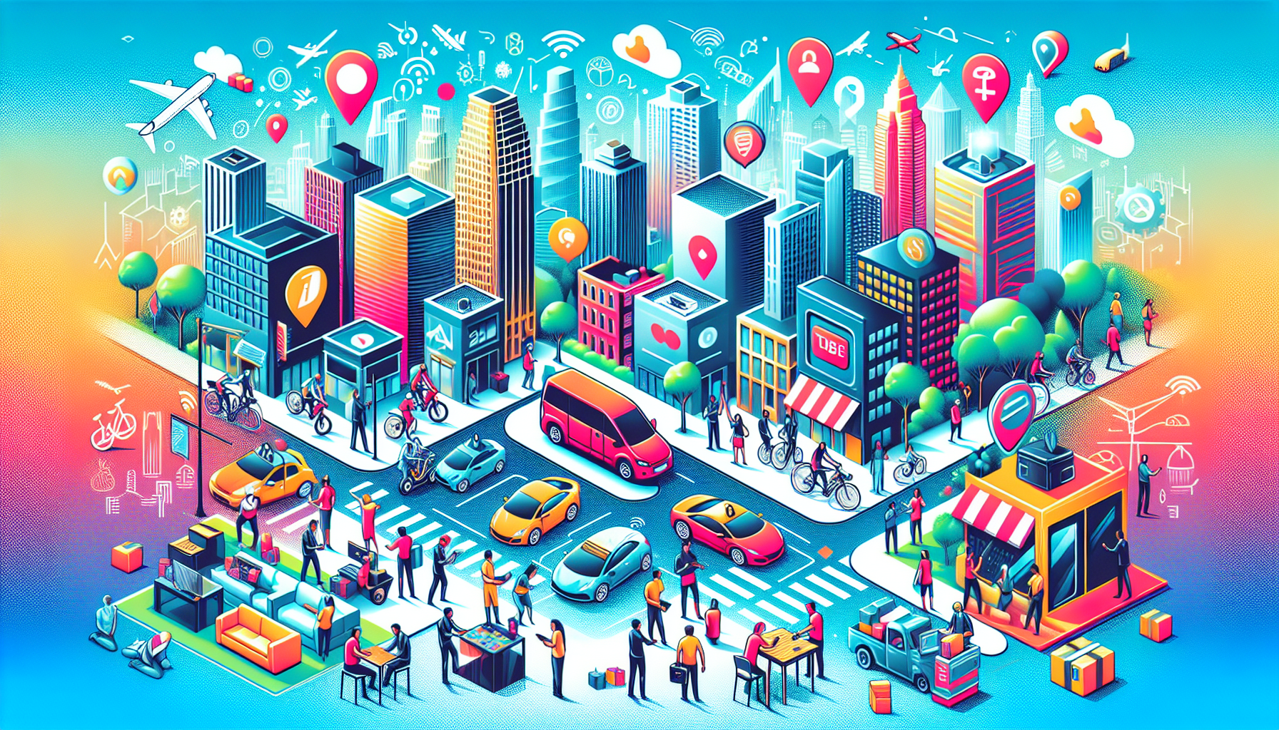 Create an image that showcases a busy urban environment with people actively engaging with various gig economy apps. Include symbols or logos of well-known gig economy platforms like Uber, Lyft, and TaskRabbit. Show individuals driving, delivering packages, and performing tasks such as assembling furniture. The background should depict a modern cityscape. The image should convey the hustle and dynamic nature of gig work as a way to make money on the side.