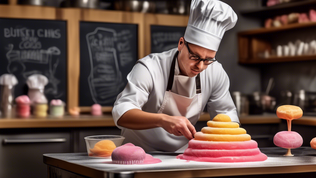 Professional pastry chef demonstrating the process of smoothing melted candy melts in a workshop kitchen, with various tips displayed on a chalkboard in the background.