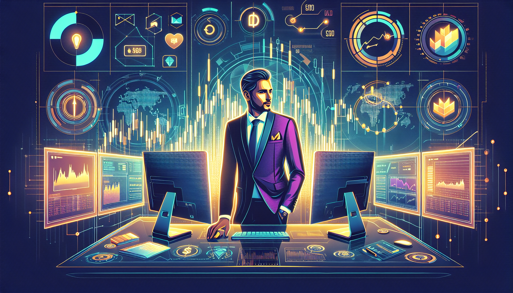 Illustrate a dynamic scene featuring a confident trader at a multi-screen setup engaged in spot and margin trading on the Binance platform. Surrounding the trader, show various icons representing investment tools like Binance Earn, Launchpad, and Staking. Also, include futuristic charts and graphs to depict the use of futures and derivative instruments. The background should include the Binance logo and elements of a high-tech financial environment.