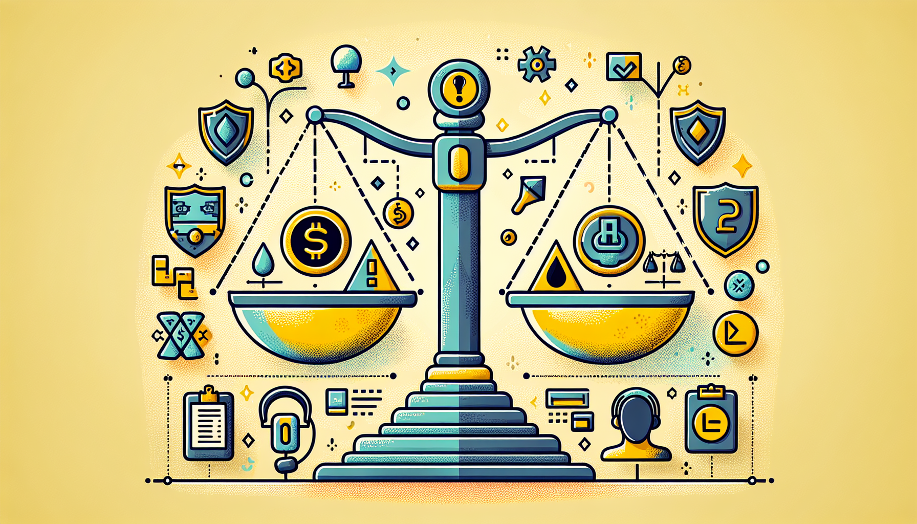 Create an image depicting a balanced scale with various elements related to Binance Exchange on each side. On one side, visualize advantages such as low fees, high liquidity, and customer support represented by symbols like a dollar sign, water droplet, and headset. On the other side, display potential disadvantages and risks such as regulatory concerns and security issues depicted by caution signs and a shield with a question mark. Add an illustrated checklist titled 