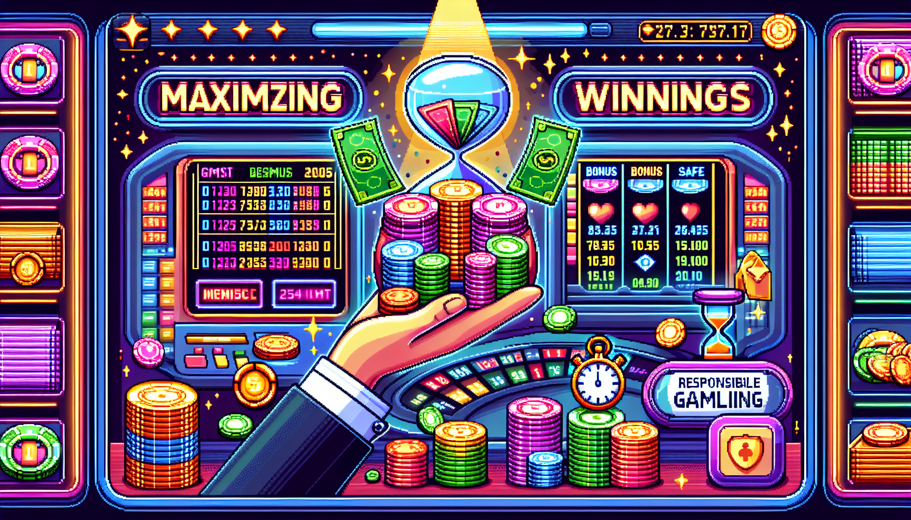 Create an image that vividly illustrates the concept of maximizing winnings through smart use of casino bonuses. Include a collage of elements such as stacks of casino chips, a player