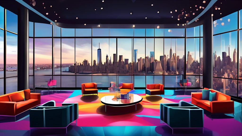 Create an image of a sleek and modern event space in Lower Manhattan, with panoramic views of the city skyline, stylish decor, and space for a large gathering. The venue should exude sophistication and luxury, making it a sought-after location for events in the heart of Lower Manhattan.