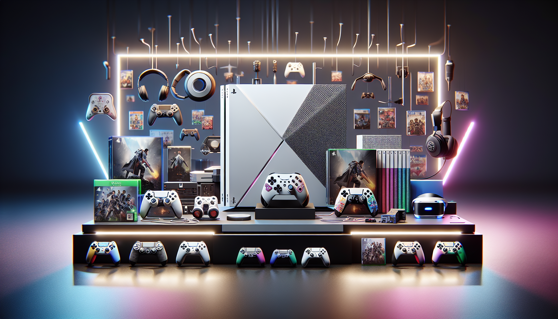 DALL-E prompt: Create a high-resolution image of a premium PS4 bundle display. The bundle includes the PS4 console, two exclusive and colorful controllers, limited edition game covers, and additional gaming accessories like a VR headset and high-quality headphones. The background showcases a sleek, modern gaming setup that looks luxurious and geared towards hardcore gamers. Include subtle lighting effects to emphasize the premium nature of the bundle.