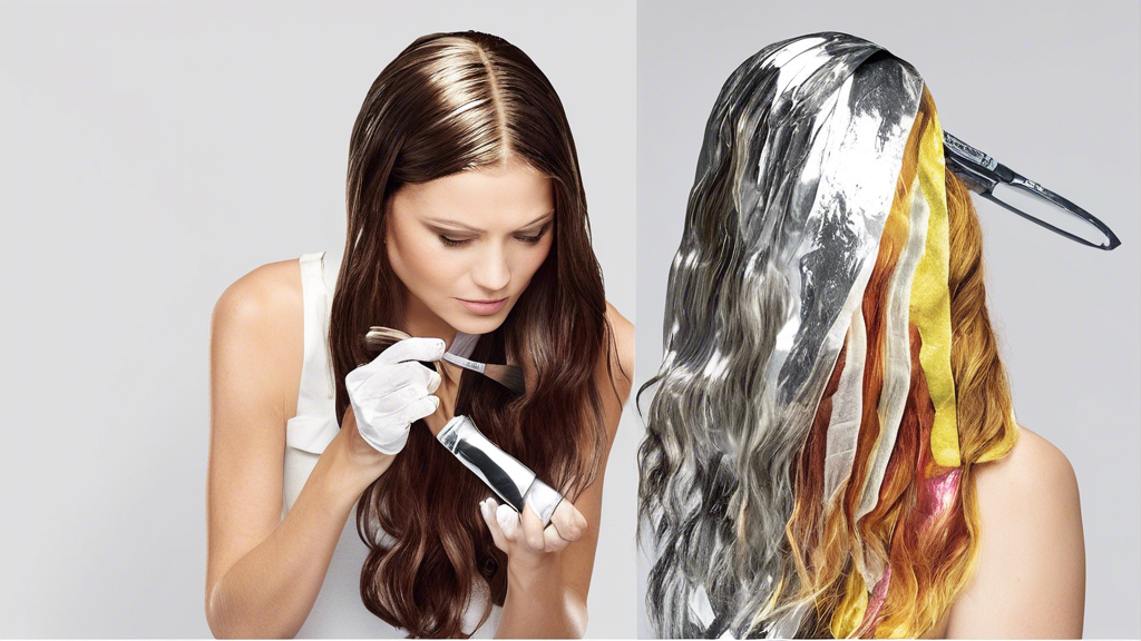 **DALL-E Prompt:**

Create an image depicting a step-by-step guide to highlighting hair using aluminum foil. The scene should include a table with essential tools and materials such as hair dye, a brush, clips, gloves, and aluminum foil. Show an individual sectioning their hair, neatly applying color to a strand with a brush, and wrapping the colored strand in aluminum foil. Highlight the process in a clear and instructional manner.