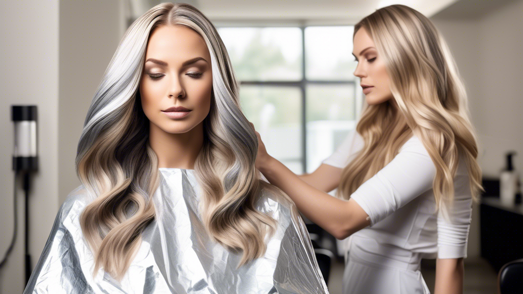 Create an image that showcases a hairstylist in the process of highlighting hair using aluminum foil. The scene should include the stylist carefully applying color and wrapping foil around hair sections. Highlight the details with a focus on techniques like Balayage and Foilayage. Include a caption that reads Expert Tips for Perfect Highlights: From Preventing Damage to Mastering Techniques. The background should be a modern, well-lit salon with various hair care tools visible.