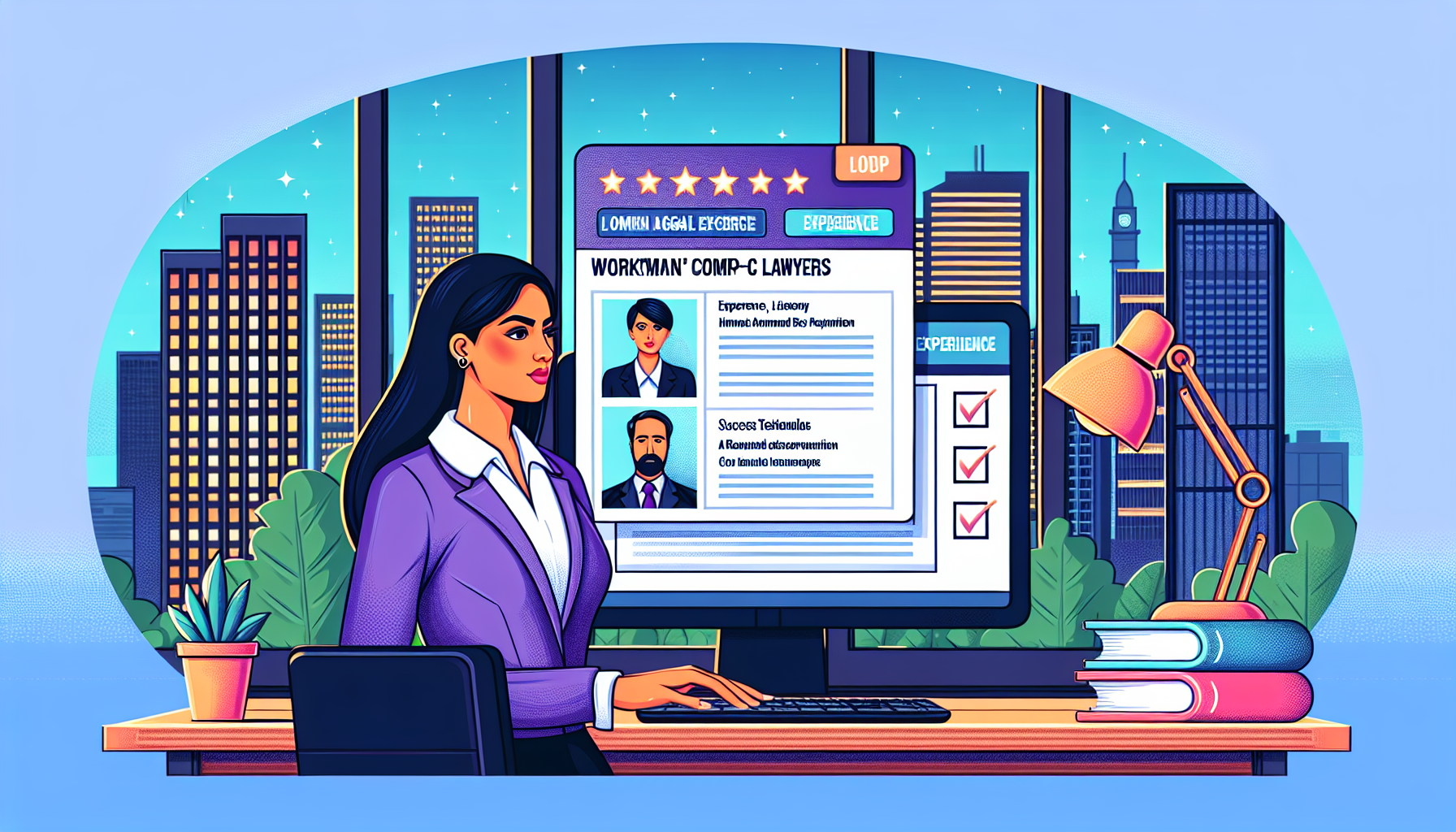 Visualize a confident individual consulting a detailed directory and reviewing online resources on a computer screen, with visible tabs open showing the profiles of top-rated workman