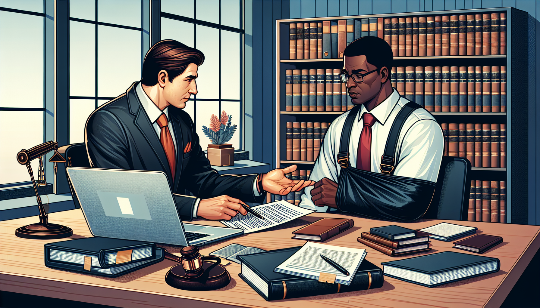 An illustrated scene in an office, depicting a potential client and a workman