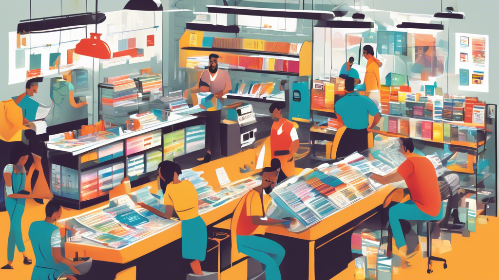 An illustration of a bustling local print shop, showing employees discussing project details with clients. Emphasize diverse printing machines and a vibrant display of printed materials like banners, brochures, and business cards. Include visual elements highlighting quick turnaround times, a diverse range of services, and exceptional customer service, along with icons or stars representing positive online reviews floating above the shop.