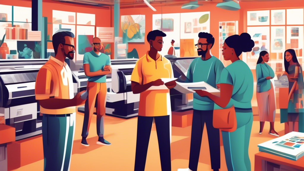 Diverse group of local business owners discussing printed samples with modern printing equipment in the background, showcasing a busy, high-tech local print shop that emphasizes community involvement and eco-friendly practices.