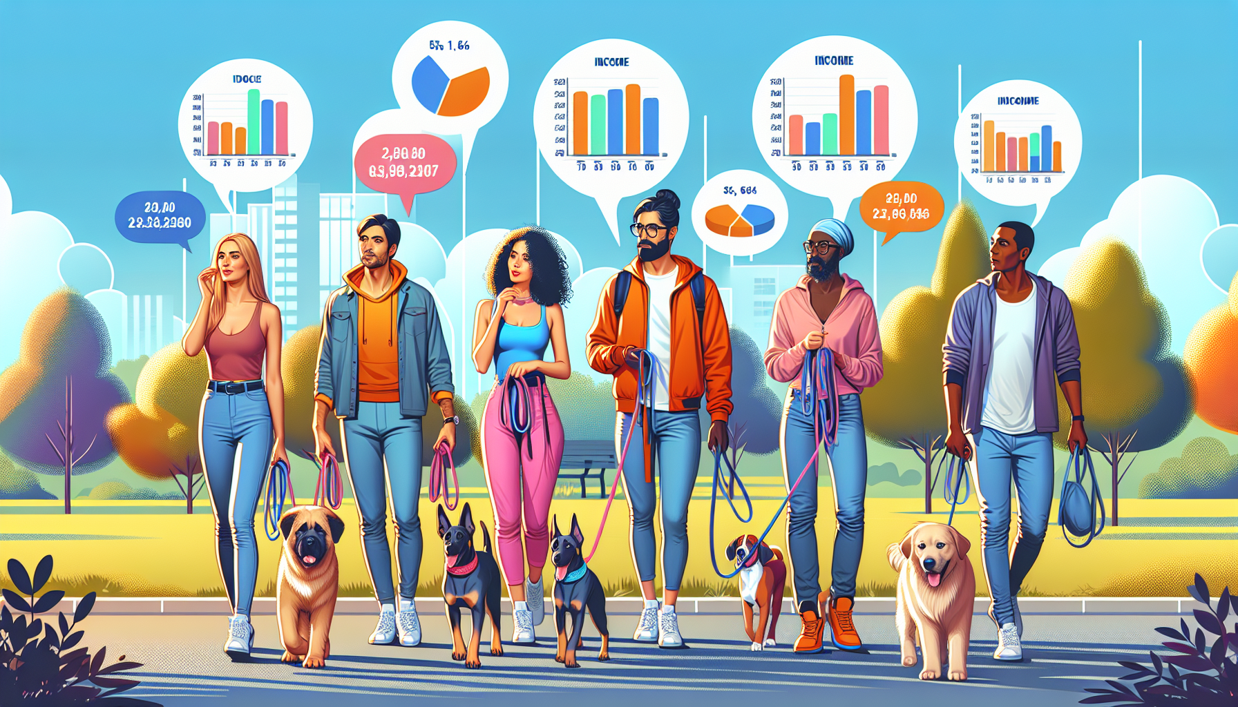 An illustration of a diverse group of dog walkers in a vibrant city park, each holding leashes connected to various breeds of dogs, with infographic bubbles showing different income statistics above their heads, set in a sunny afternoon scene.