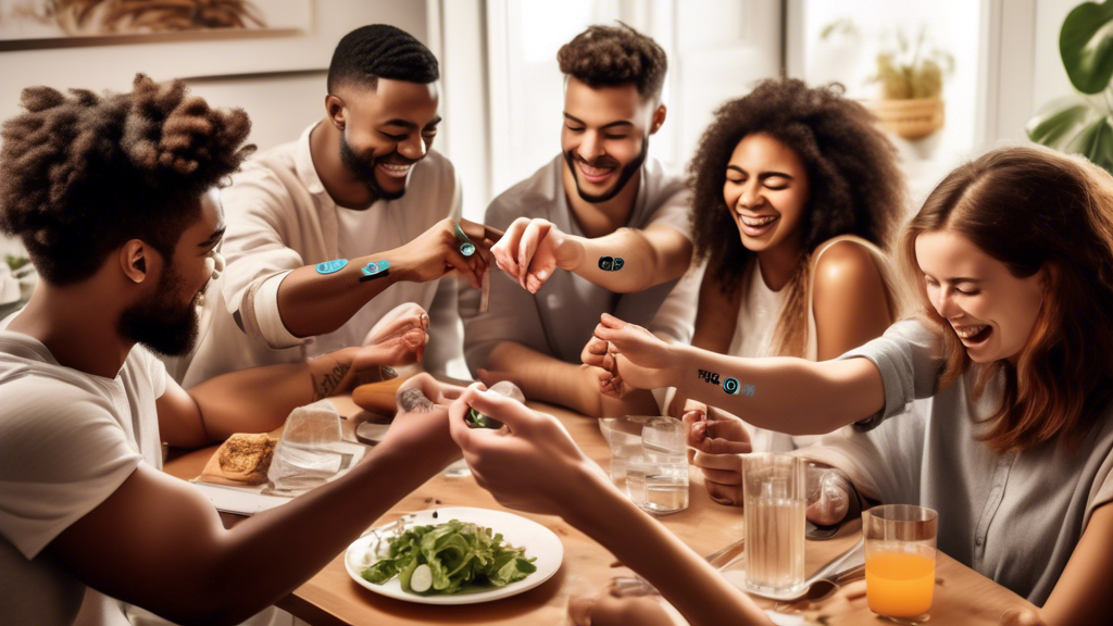 Create an artistic image of a group of young adults having a lively dinner party, one person applying an Akalo hangover patch to their arm while others show signs of enjoyment and relief. Beside them, a scientific chart floats, illustrating how the patch works to alleviate hangover symptoms, contrasting its results with those of traditional hangover remedies displayed in a smaller chart. The setting is cheerful and colorful, with clear labels highlighting the advantages of using Akalo hangover patches.