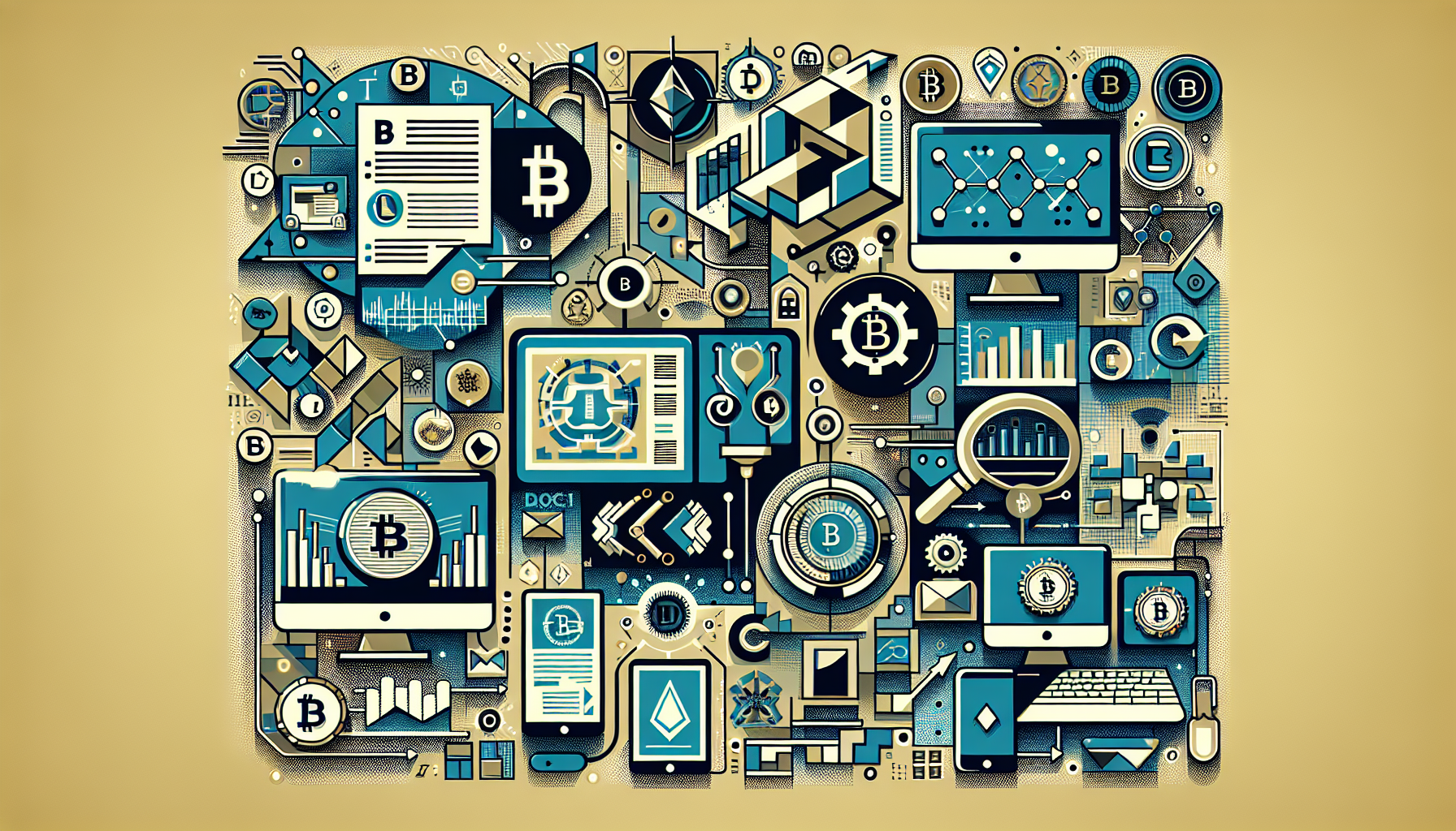 Create an artistic collage featuring logos and notable design elements from the top cryptocurrency news websites: CoinDesk, CoinTelegraph, and CryptoSlate. Integrate elements like laptops showing blockchain data, charts, and market trends, along with a sleek modern design. Display imagery that conveys the diversity and depth of the content they offer, from breaking news to in-depth analysis. Include dynamic and eye-catching visuals that represent the pulse of the rapidly evolving cryptocurrency market.