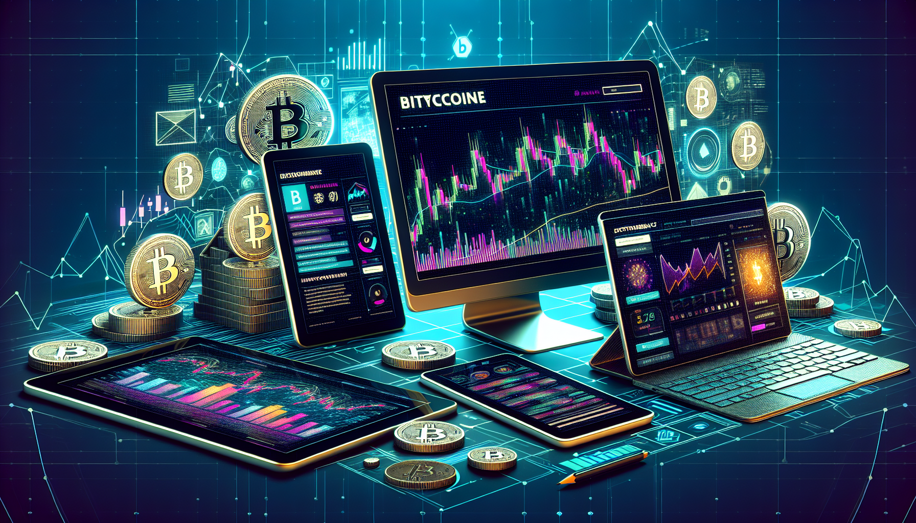 Create a detailed illustration showcasing three specialized cryptocurrency websites: Messari, Decrypt, and NewsBTC. The scene consists of three distinct computer screens or tablets, each displaying the homepage of one of these websites. Messari