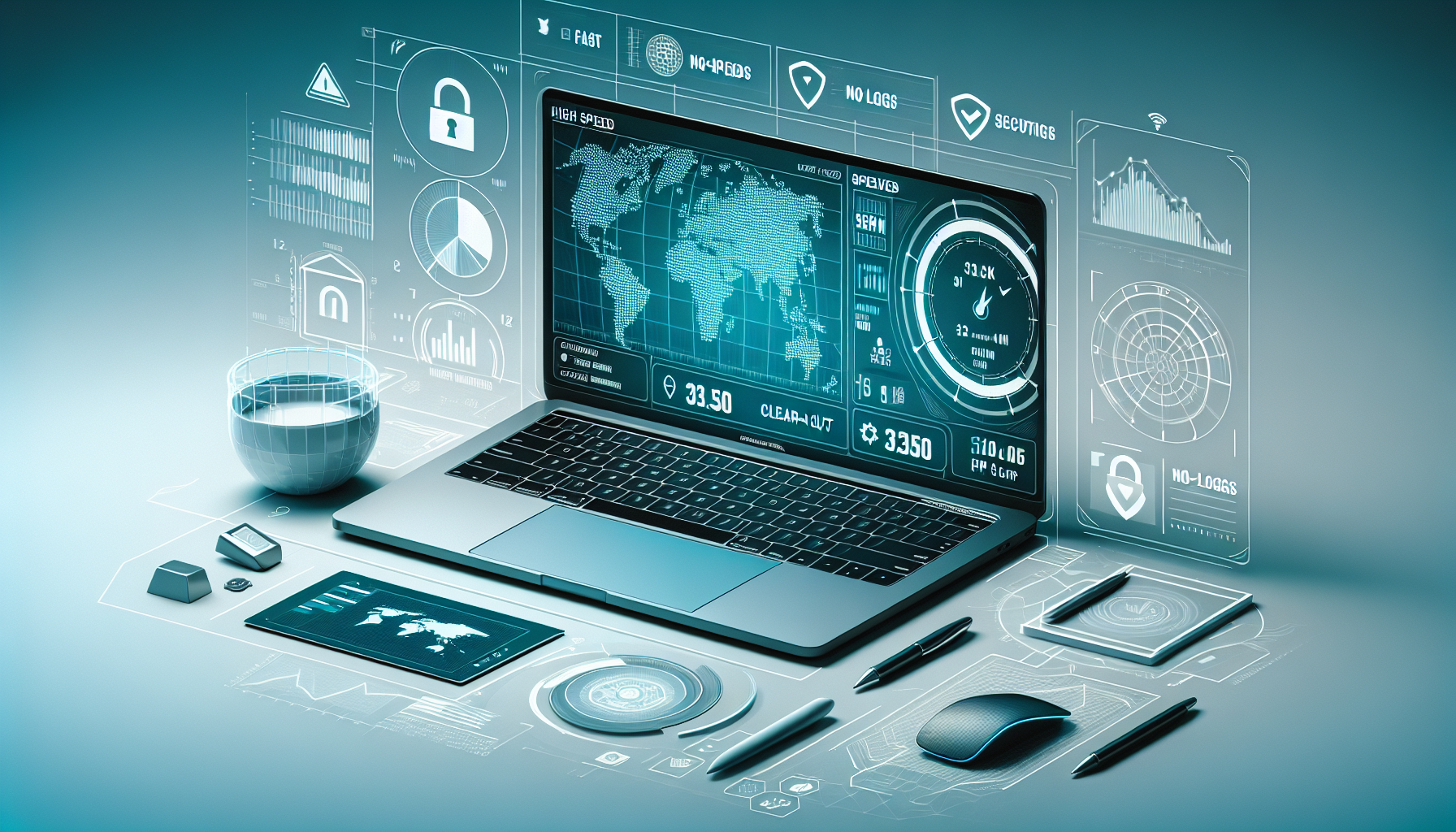 Create an image showing a modern MacBook on a sleek desk, displaying a VPN interface with high-speed metrics and a map of secure server locations. The background should include macOS-specific icons, suggesting seamless compatibility. Visual elements like padlocks and checkmarks can symbolize strong security features and a no-logs policy. The overall vibe should be high-tech, reliable, and user-friendly.