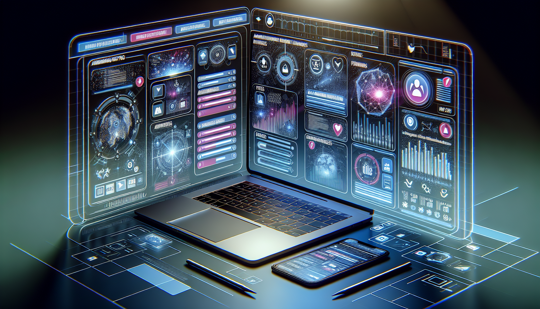 Create an image that depicts a sleek modern MacBook displaying various VPN application interfaces side by side, like NordVPN, ExpressVPN, and Surfshark. Show comparison charts or graphs above each application to highlight their features and ratings. Add subtle labels and icons for Pros and Cons to highlight the strengths and weaknesses of each VPN. The overall theme should be professional and emphasize the year 2023 with a clean, tech-savvy aesthetic.