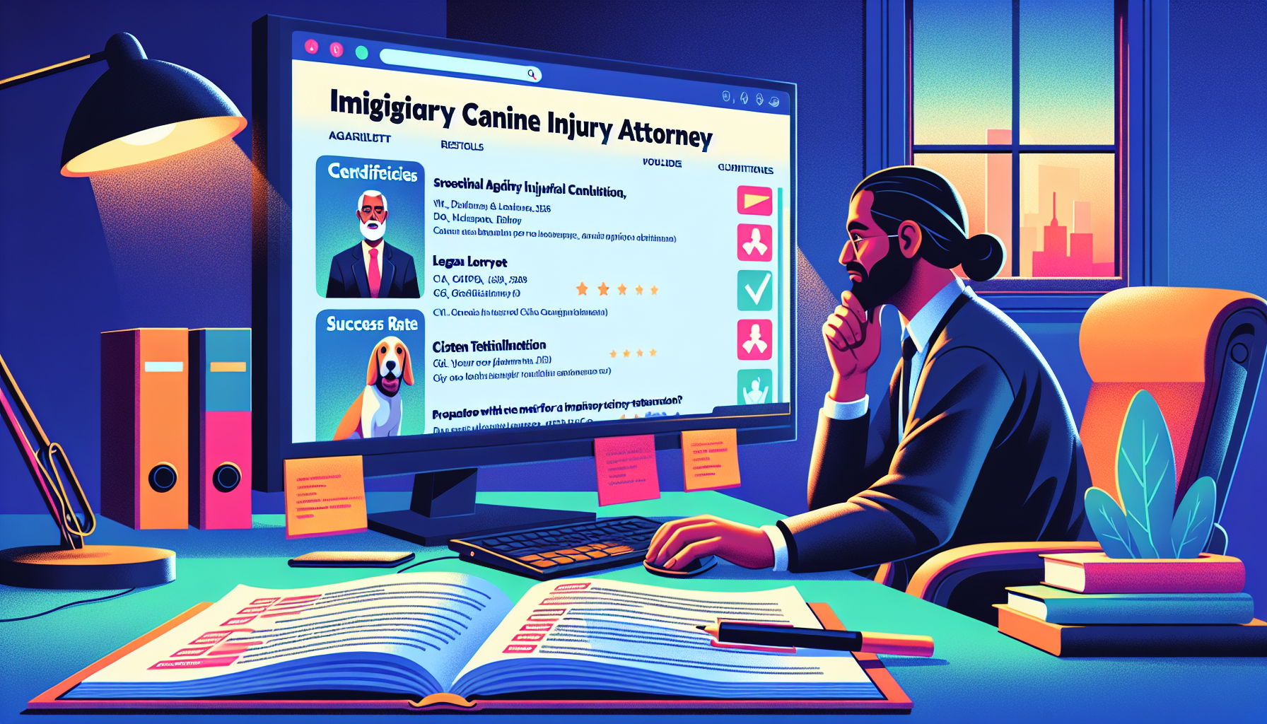Image of a person sitting at a computer in a well-lit office, browsing through an online legal directory filled with profiles of various dog bite attorneys. On the screen, each profile highlights the attorney